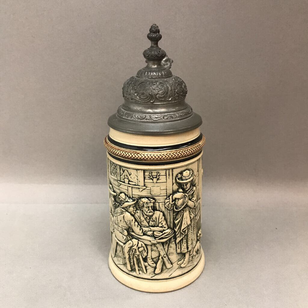 Vintage German Beer stein, Edelweiss Tavern Scene w/ Pewter Lid #516.