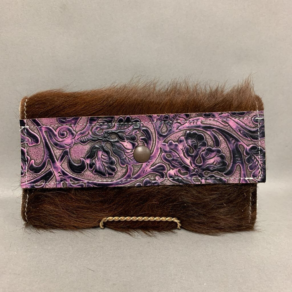 Dancing Cactus Brown Calf Hair Embossed Leather Organizer Wallet Clutch (5x8.5