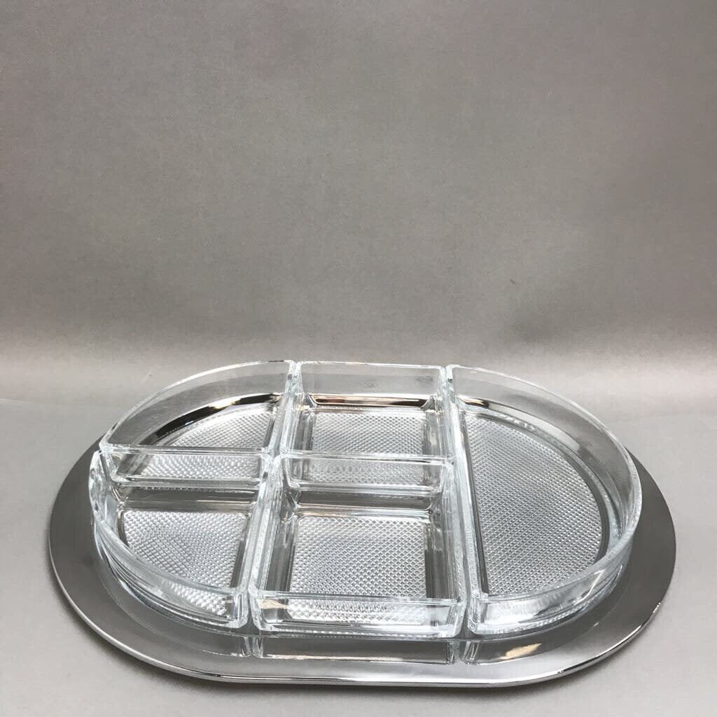 Vintage Hoya Crystal Glass 6 Piece Condiment Set Metal Serving Tray (16x11)(As Is)