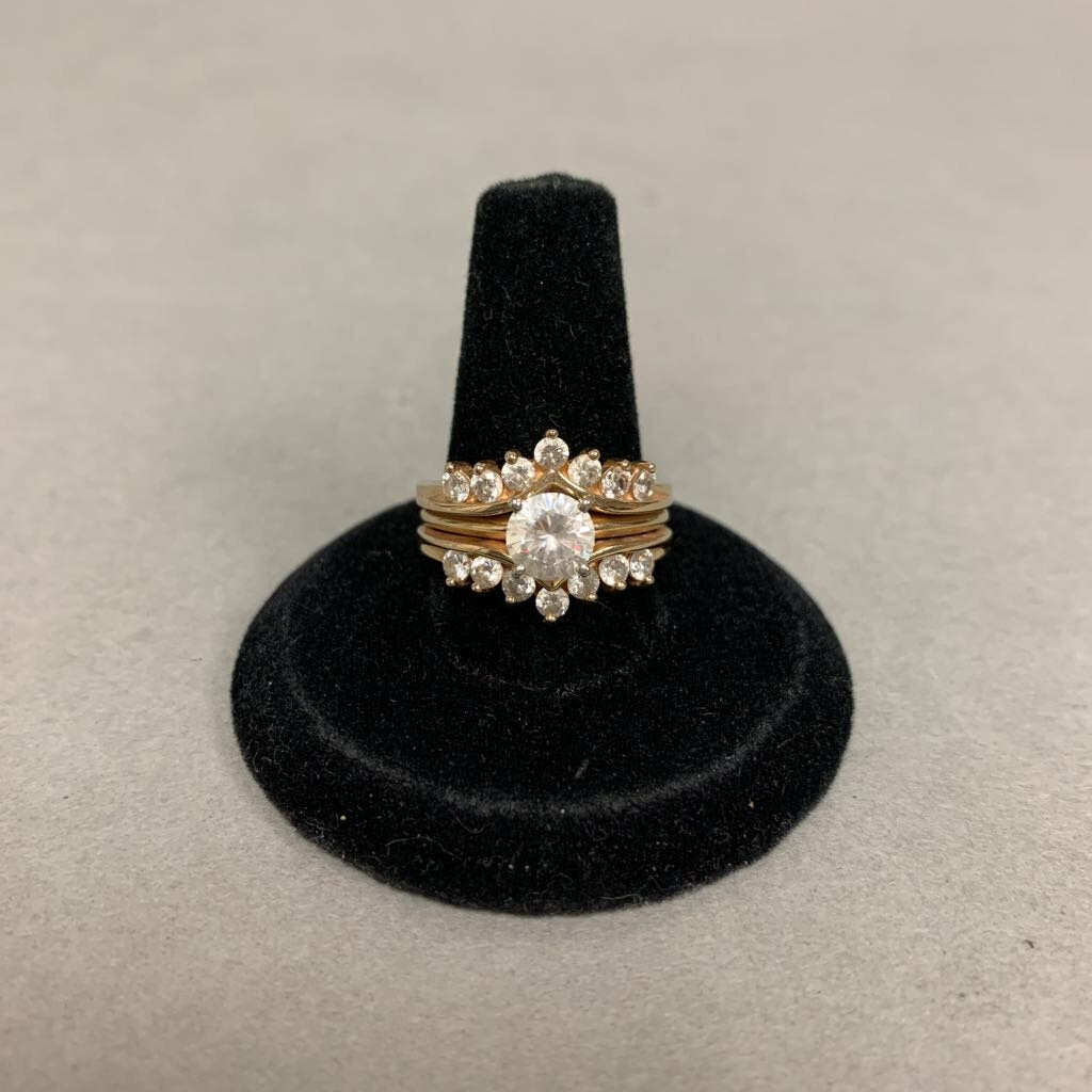 14K Gold Cubic Zirconia Attached Engagement Wedding Ring Set sz 8 (7.0g)