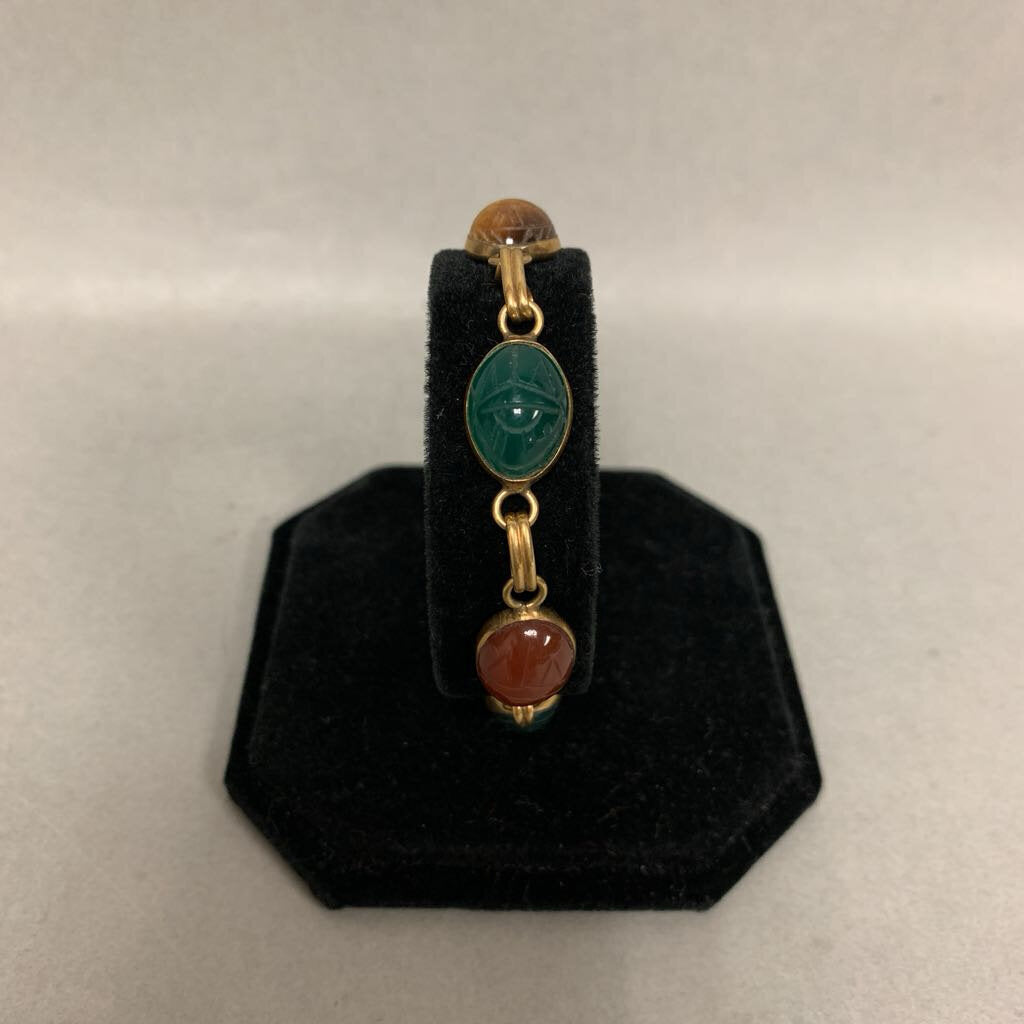 Vintage Gold Filled Carved Gemstone Scarab Link Bracelet (7.25