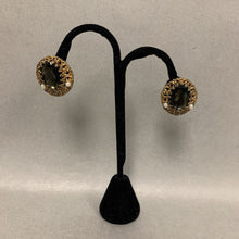 Load image into Gallery viewer, Vintage West German Olive &amp; Clear Rhinestone Faux Pearl Clip Earrings
