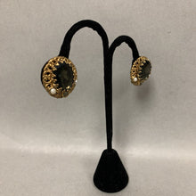 Load image into Gallery viewer, Vintage West German Olive &amp; Clear Rhinestone Faux Pearl Clip Earrings
