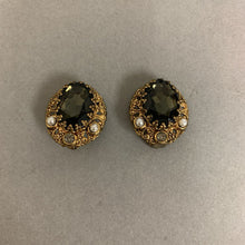 Load image into Gallery viewer, Vintage West German Olive &amp; Clear Rhinestone Faux Pearl Clip Earrings

