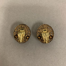 Load image into Gallery viewer, Vintage West German Olive &amp; Clear Rhinestone Faux Pearl Clip Earrings
