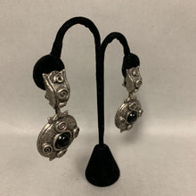Load image into Gallery viewer, Vintage Antiqued Silvertone Faux Onyx Statement Clip Earrings (2.5&quot;)
