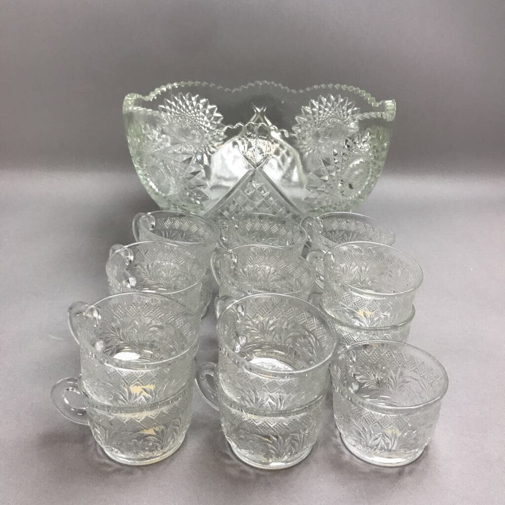 Vintage Pressed Glass Star Pattern Clear Punch Bowl with 17 Cups