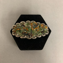 Load image into Gallery viewer, Vintage Silvertone Scroll Tigers Eye Green Agate Chip Inlay Belt Buckle (3.25")
