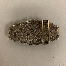 Load image into Gallery viewer, Vintage Silvertone Scroll Tigers Eye Green Agate Chip Inlay Belt Buckle (3.25")

