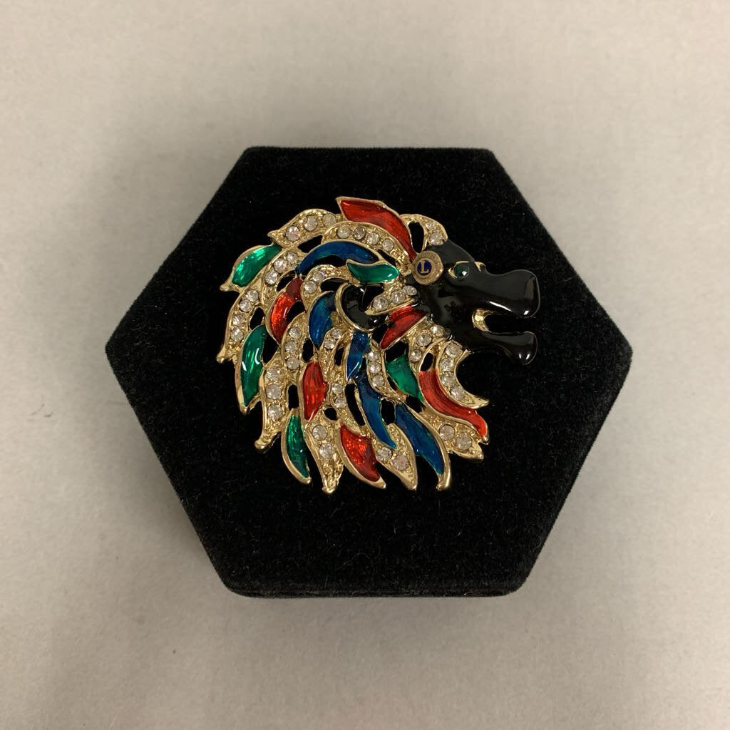 Lions Club International Goldtone Enamel Rhinestone Lion Head Brooch Pin (2.5