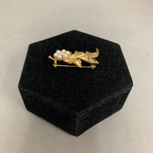 Load image into Gallery viewer, Lions Club International Goldtone Leaf Faux Pearl Rhinestone Brooch Pin (2&quot;)
