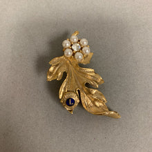 Load image into Gallery viewer, Lions Club International Goldtone Leaf Faux Pearl Rhinestone Brooch Pin (2&quot;)
