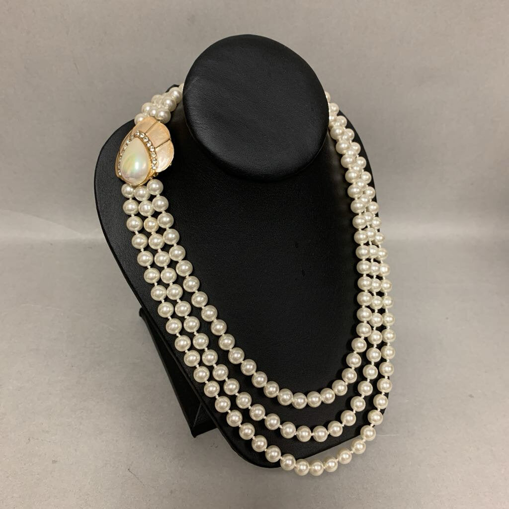 Vintage 80s Couture Enamel Faux Pearl Rhinestone Triple Strand Necklace (30