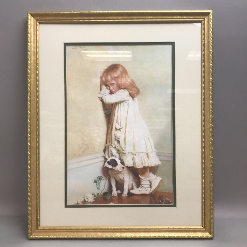 Gold Framed Girl in Corner with Dog by Charles Burton Berber Print (22x18)