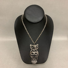 Load image into Gallery viewer, Vintage Torino Pewter Scrolled Design Owl Necklace (3" on 24" Chain)
