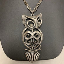 Load image into Gallery viewer, Vintage Torino Pewter Scrolled Design Owl Necklace (3" on 24" Chain)
