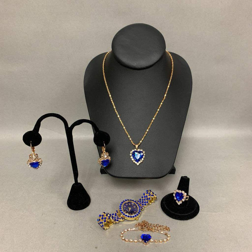 Blue & White Rhinestone Goldtone Necklace Earrings Ring Bracelet Watch Set