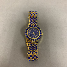 Load image into Gallery viewer, Blue &amp; White Rhinestone Goldtone Necklace Earrings Ring Bracelet Watch Set
