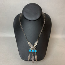 Load image into Gallery viewer, Vintage Navajo Richard Begary Sterling Turquoise Eagle Feather Dangle Necklace Signed (4&quot;, 17&quot;)
