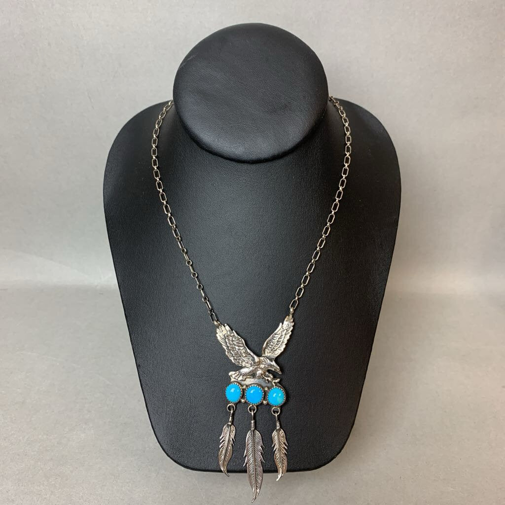 Vintage Navajo Richard Begary Sterling Turquoise Eagle Feather Dangle Necklace Signed (4