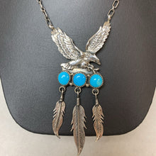 Load image into Gallery viewer, Vintage Navajo Richard Begary Sterling Turquoise Eagle Feather Dangle Necklace Signed (4&quot;, 17&quot;)
