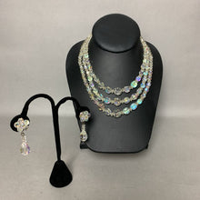 Load image into Gallery viewer, Vintage Clear Aurora Borealis Crystal Bead Triple Strand Necklace w/ Matching Clip Earrings (16")
