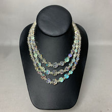 Load image into Gallery viewer, Vintage Clear Aurora Borealis Crystal Bead Triple Strand Necklace w/ Matching Clip Earrings (16")
