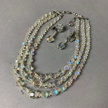 Load image into Gallery viewer, Vintage Clear Aurora Borealis Crystal Bead Triple Strand Necklace w/ Matching Clip Earrings (16")
