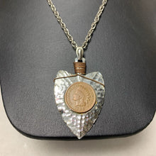 Load image into Gallery viewer, Vintage 1906 Indian Head Penny Set in Hammered Silvertone Arrow Pendant on 24" Chain
