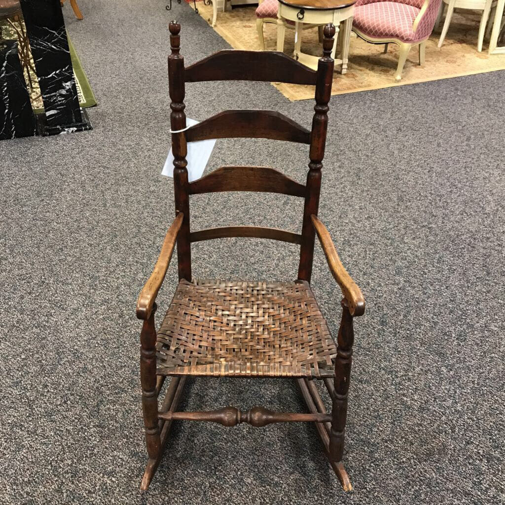 Antique Wood Rocking Chair Wicker Seat Sausage Turned Ladder Back (47x21x26) (As Is)