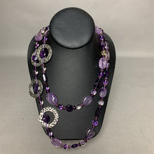 Load image into Gallery viewer, Amethyst Flourite Austrian Crystal SIlvertone Disc Beaded Knotted Necklace (46&quot;)
