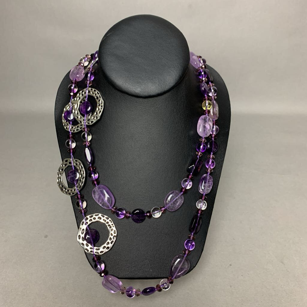 Amethyst Flourite Austrian Crystal SIlvertone Disc Beaded Knotted Necklace (46