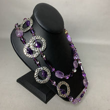Load image into Gallery viewer, Amethyst Flourite Austrian Crystal SIlvertone Disc Beaded Knotted Necklace (46&quot;)
