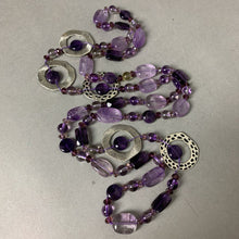 Load image into Gallery viewer, Amethyst Flourite Austrian Crystal SIlvertone Disc Beaded Knotted Necklace (46&quot;)
