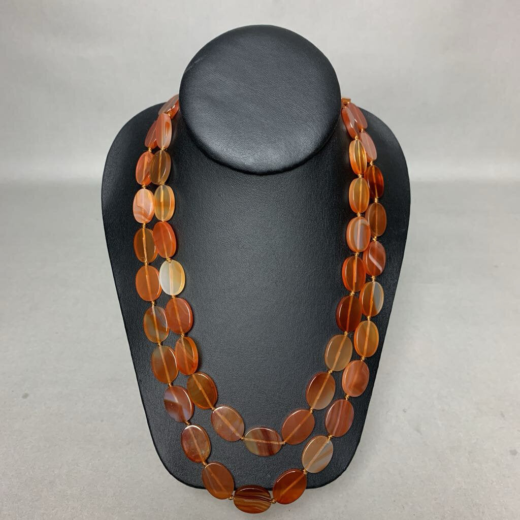 Carnelian Oval Bead Knotted Long Necklace w/ Hook/Eye Closure (66