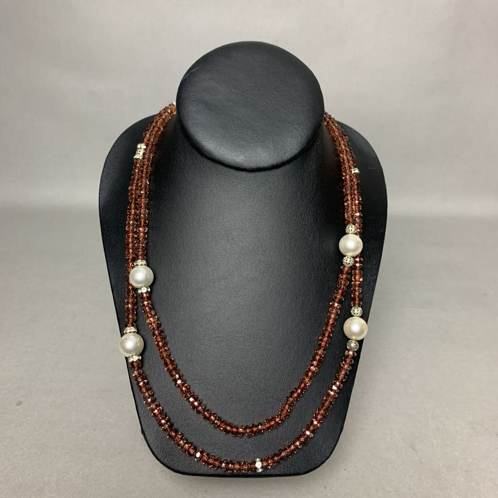 Mauve Crystal Rondelle Bead Faux Pearl Rhinestone Long Necklace (48