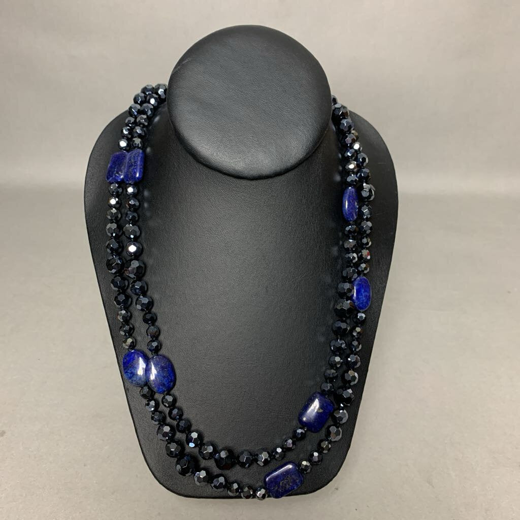 Black Faceted Crystal Lapis Lazuli Beaded Long Necklace (48