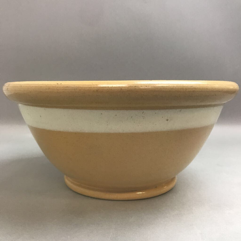 Antique White Banded Yellow Ware Stoneware Mixing Bowl (12