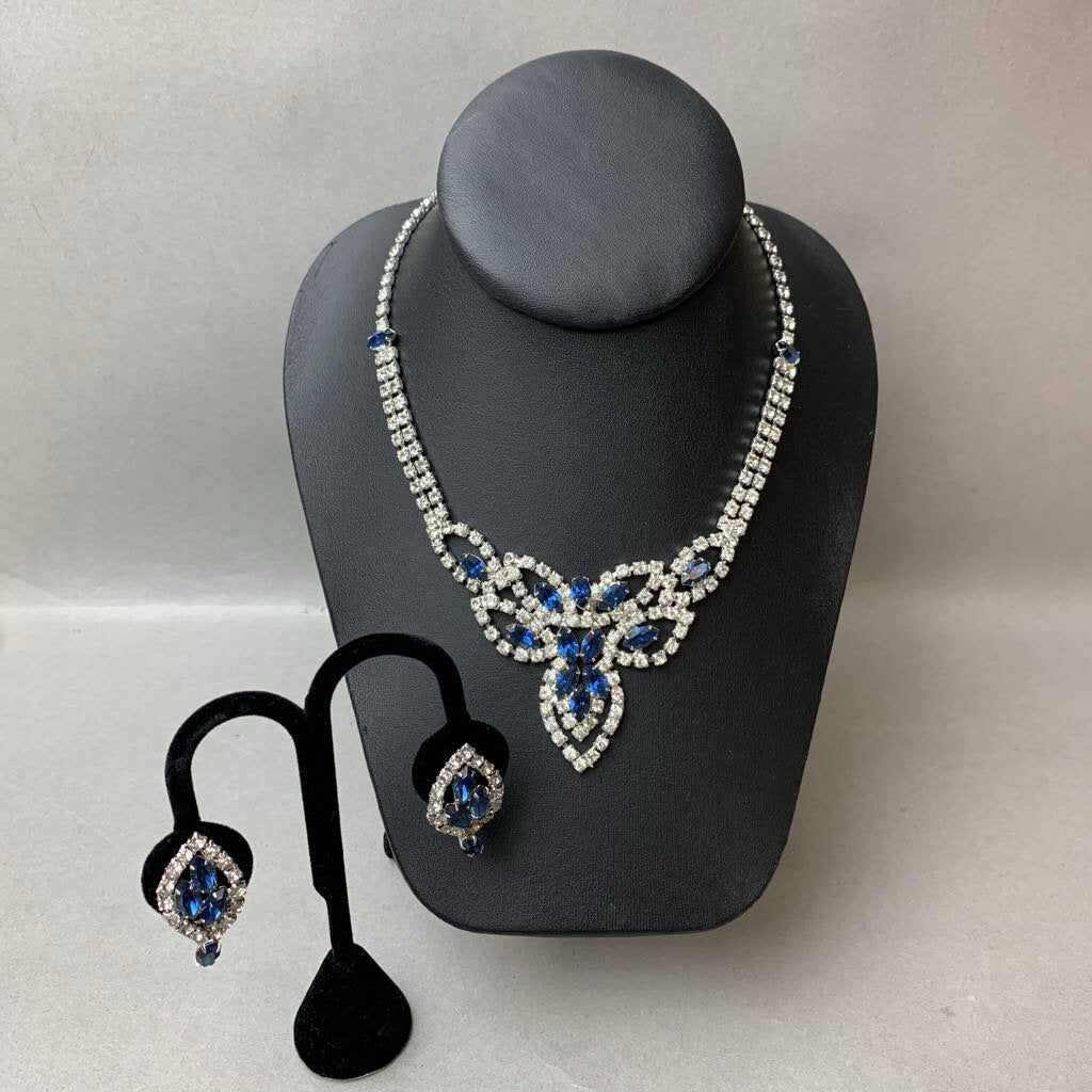 Vintage Blue & Clear Rhinestone Bib Necklace w/ Matching Clip Earrings (16