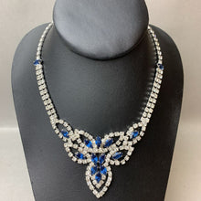 Load image into Gallery viewer, Vintage Blue &amp; Clear Rhinestone Bib Necklace w/ Matching Clip Earrings (16&quot;)
