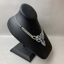Load image into Gallery viewer, Vintage Blue &amp; Clear Rhinestone Bib Necklace w/ Matching Clip Earrings (16")
