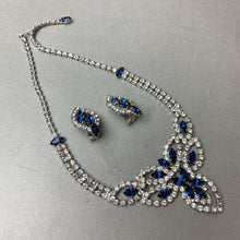 Load image into Gallery viewer, Vintage Blue &amp; Clear Rhinestone Bib Necklace w/ Matching Clip Earrings (16&quot;)
