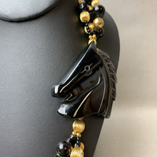 Load image into Gallery viewer, Vintage Goldtone Black Onyx Glass &amp; Resin Beaded Carved Stone Horse Focal
