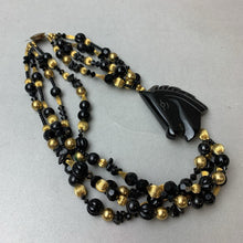 Load image into Gallery viewer, Vintage Goldtone Black Onyx Glass &amp; Resin Beaded Carved Stone Horse Focal
