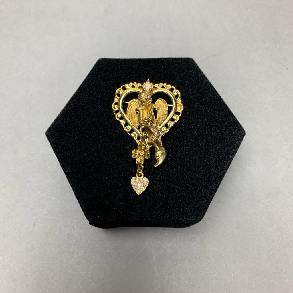 Kirk's Folly Cherub Heart Charm Dangle Brooch Pin (2.25