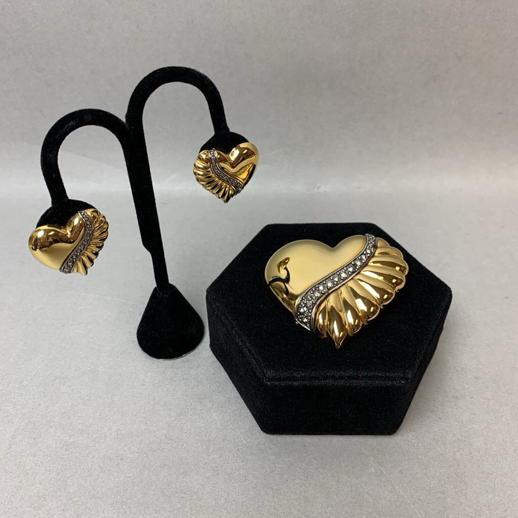 Avon Gold & Silver Tone Marcasite Heart Brooch Pin w/ Clip Earrings Set (2.5,