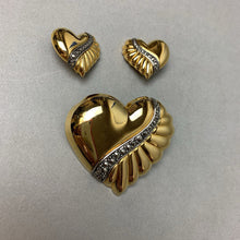 Load image into Gallery viewer, Avon Gold &amp; Silver Tone Marcasite Heart Brooch Pin w/ Clip Earrings Set (2.5," 1")
