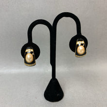 Load image into Gallery viewer, Vintage Joan Rivers Goldtone Faux Pearl Black Enamel Half Hoop Clip Earrings (1")
