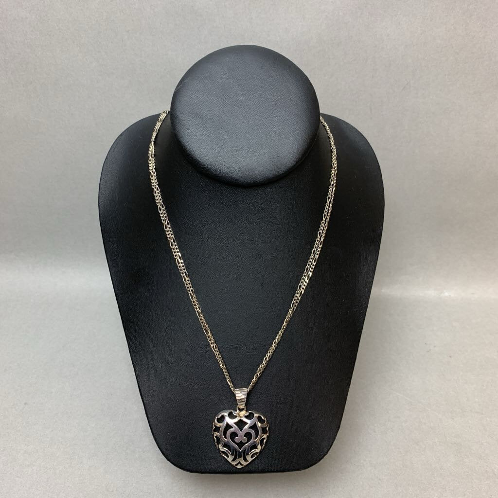 Italian Sterling Filigree Heart Pendant on Doubled Figaro Chain (48