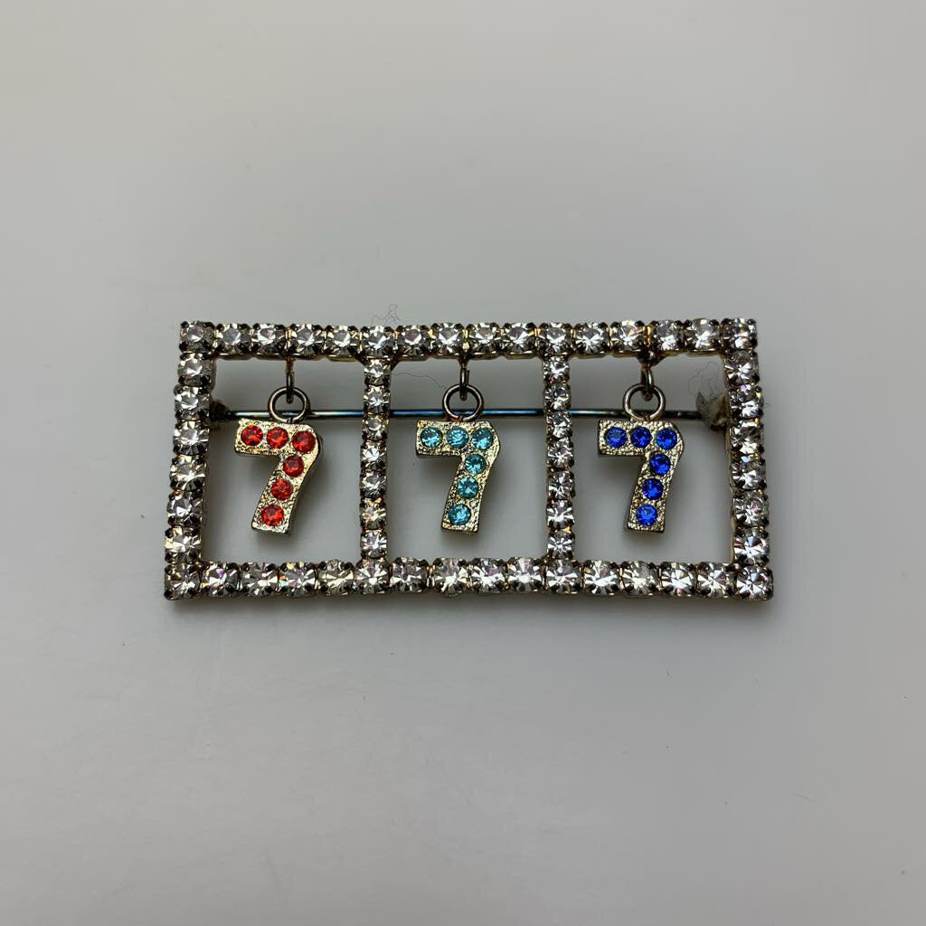 Vintage Lucky 7s Rhinestone Brooch Pin (2